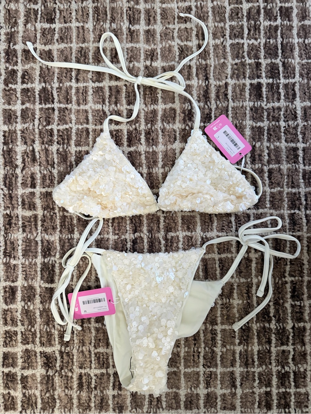 Women's Cream Sequin Tie-Side Bikini Set